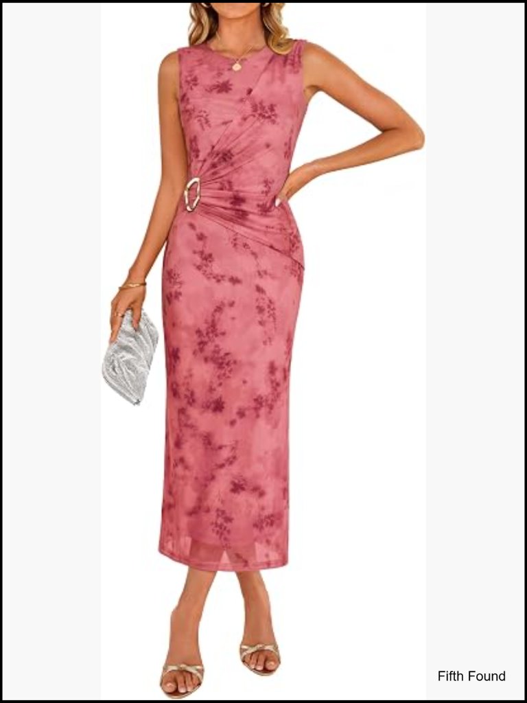 Sleeveless Floral Bodycon Midi Dress Ruched Mesh Wedding Guest Cocktail
